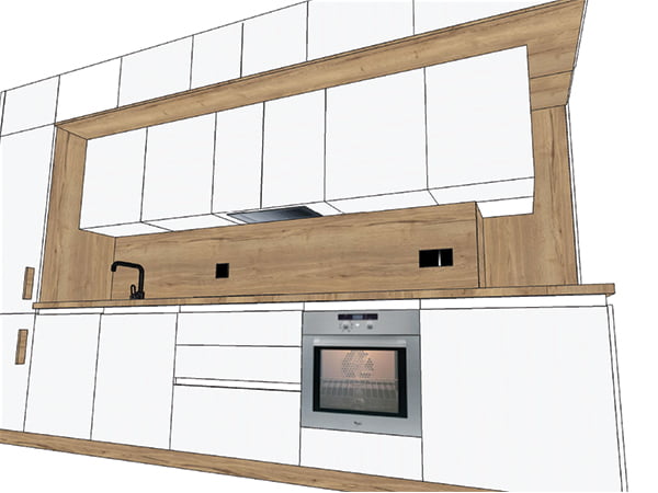 Vizualizace bílé kuchyně na míru se dřevem - Bydlení Hořovice