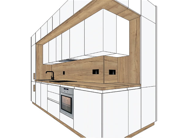 Vizualizace bílé kuchyně na míru se dřevem - Bydlení Hořovice